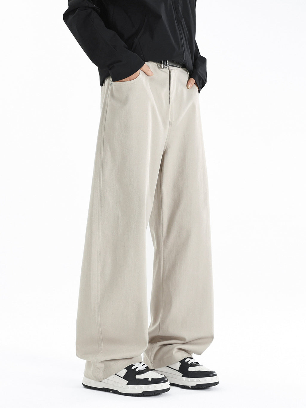 Men's wide leg casual comfort pants with relaxed fit and stretch fabric, shown in a neutral color on a model.