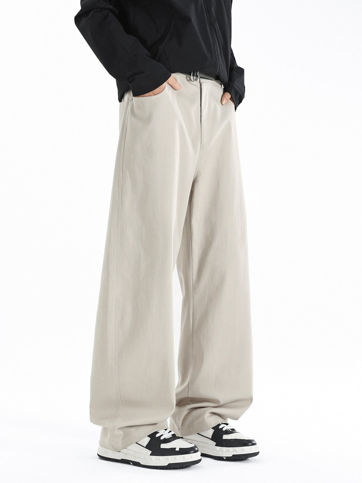 Men's wide leg casual comfort pants by Plush Fashion Hub with relaxed fit and stretchy fabric, shown in a neutral color.