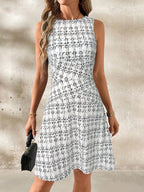 Shopimist sleeveless round neck dress with a fitted silhouette, showcased in a stylish and casual design.