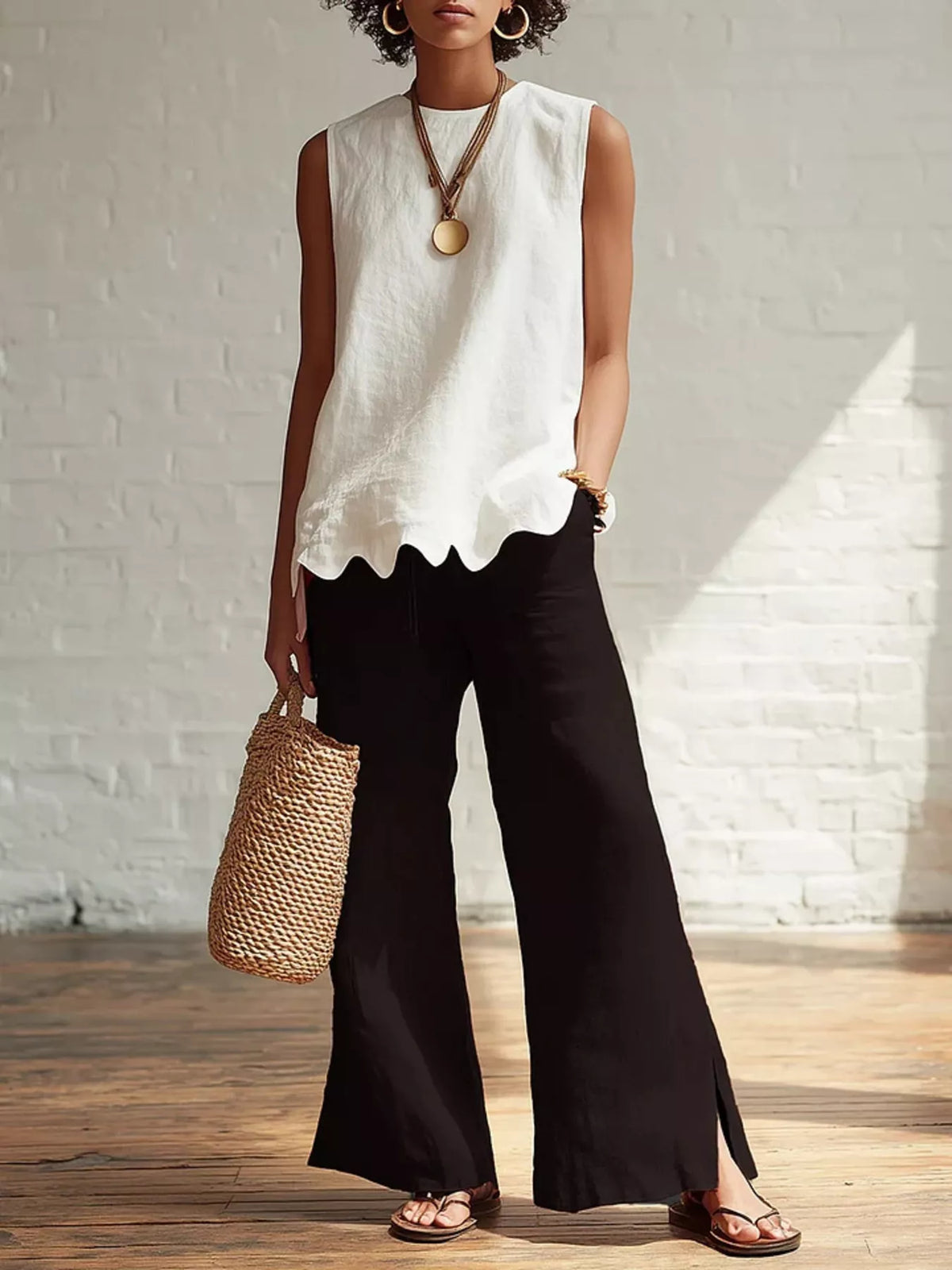 Plus size scalloped hem sleeveless tank top by Plush Fashion Hub, showcasing a flowy fit and stylish design on a model.