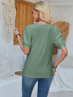 Plush Fashion Hub eyelet asymmetrical neck short sleeve T-shirt, casual tops with unique neckline and comfortable fit.