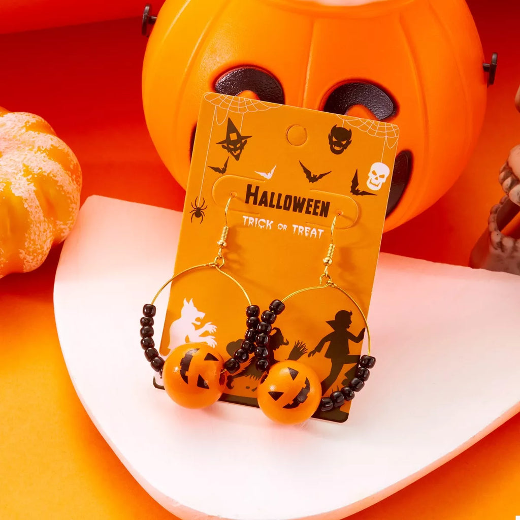 18K gold-plated Halloween bead earrings with spooky themed beads and gold hooks, stylish jewelry for festive occasions