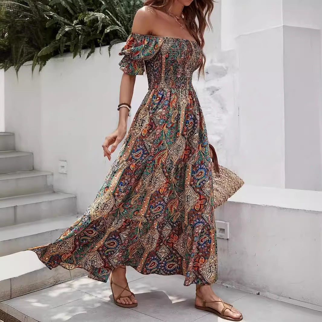 Women’s paisley one-shoulder maxi dress by Plush Fashion Hub, flowing casualwear with a stylish one-shoulder design and vibrant pattern.