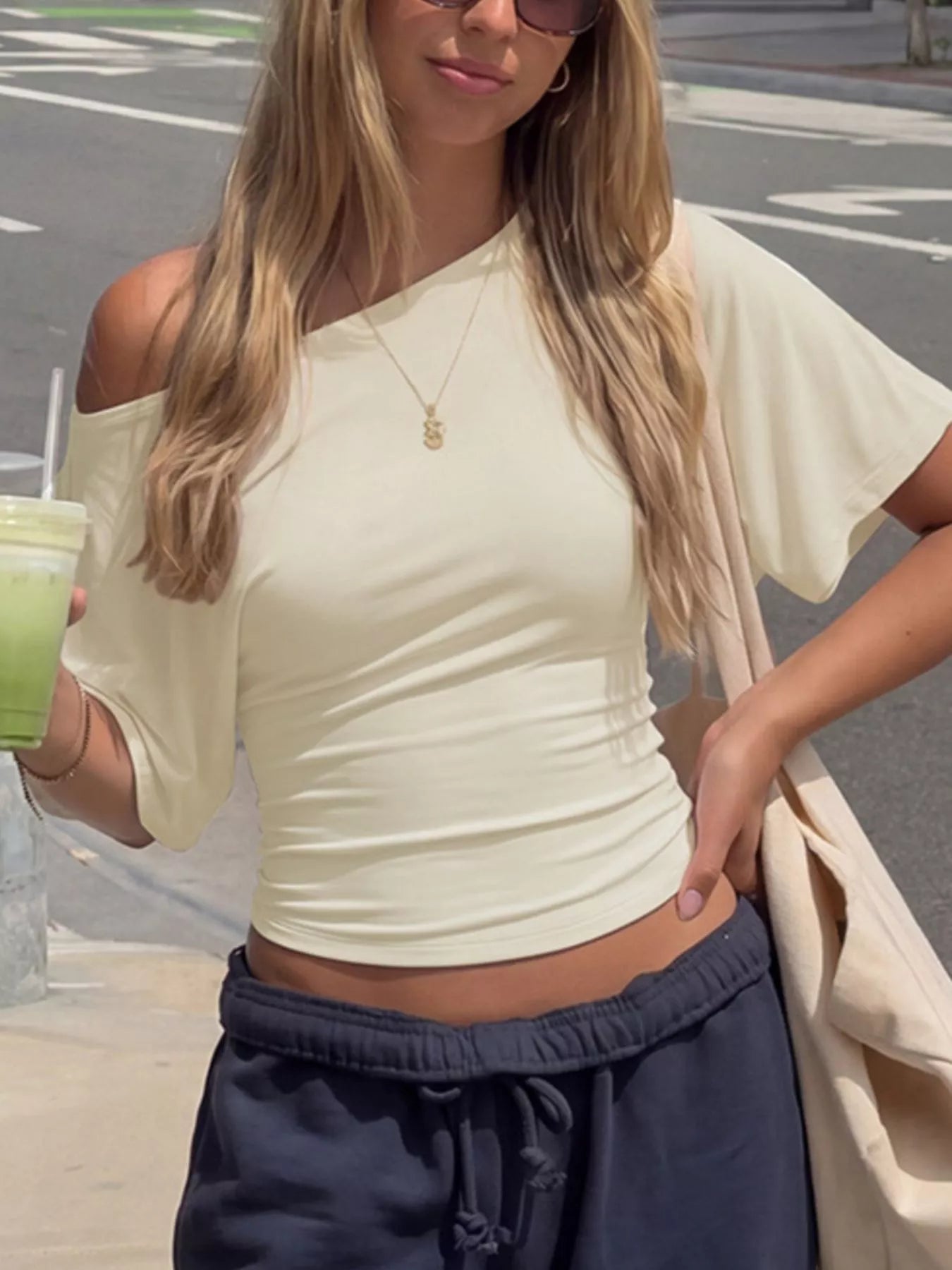 Plush Fashion Hub boat neck short sleeve T-shirt in a solid color, casual tops with a relaxed fit and stylish neckline.