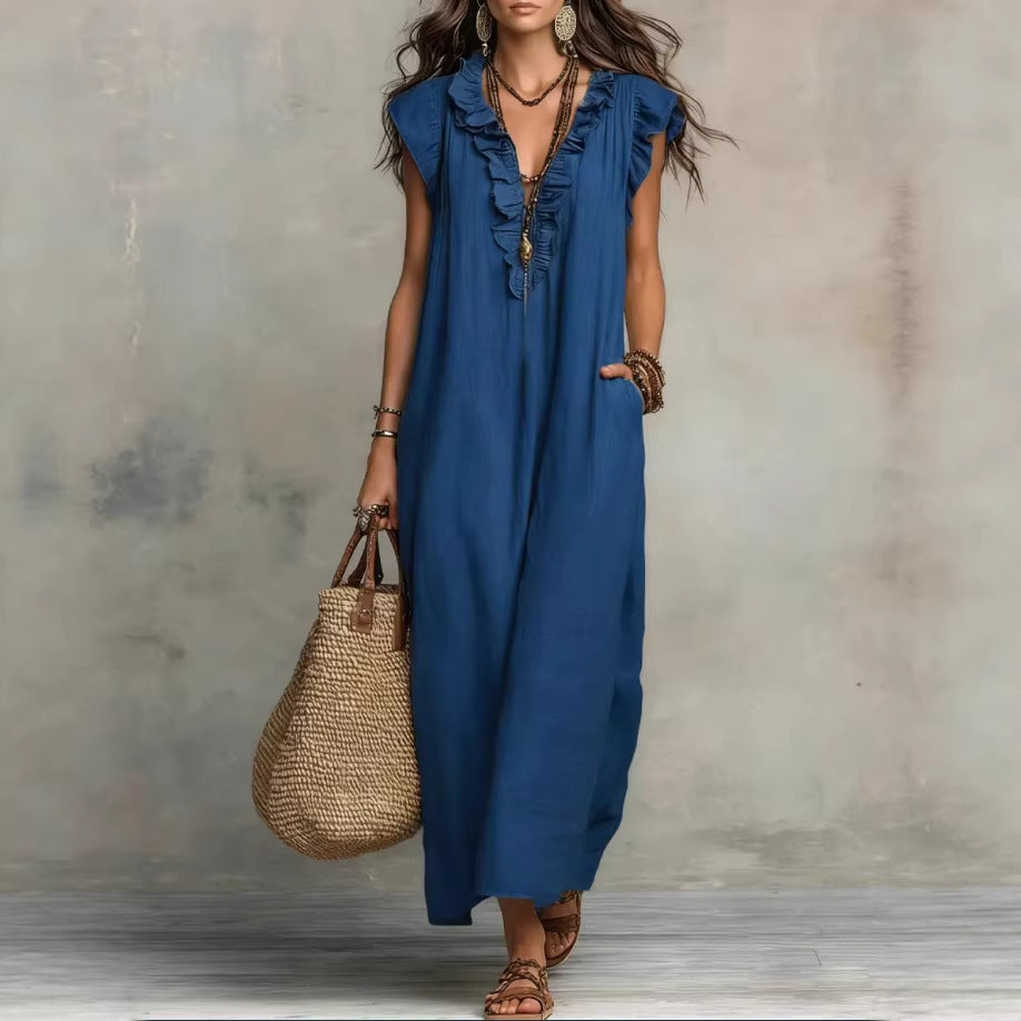 Women's elegant ruffle pocket summer dress by Plush Fashion Hub, featuring a flowy fabric, ruffle details, and pocket accents.