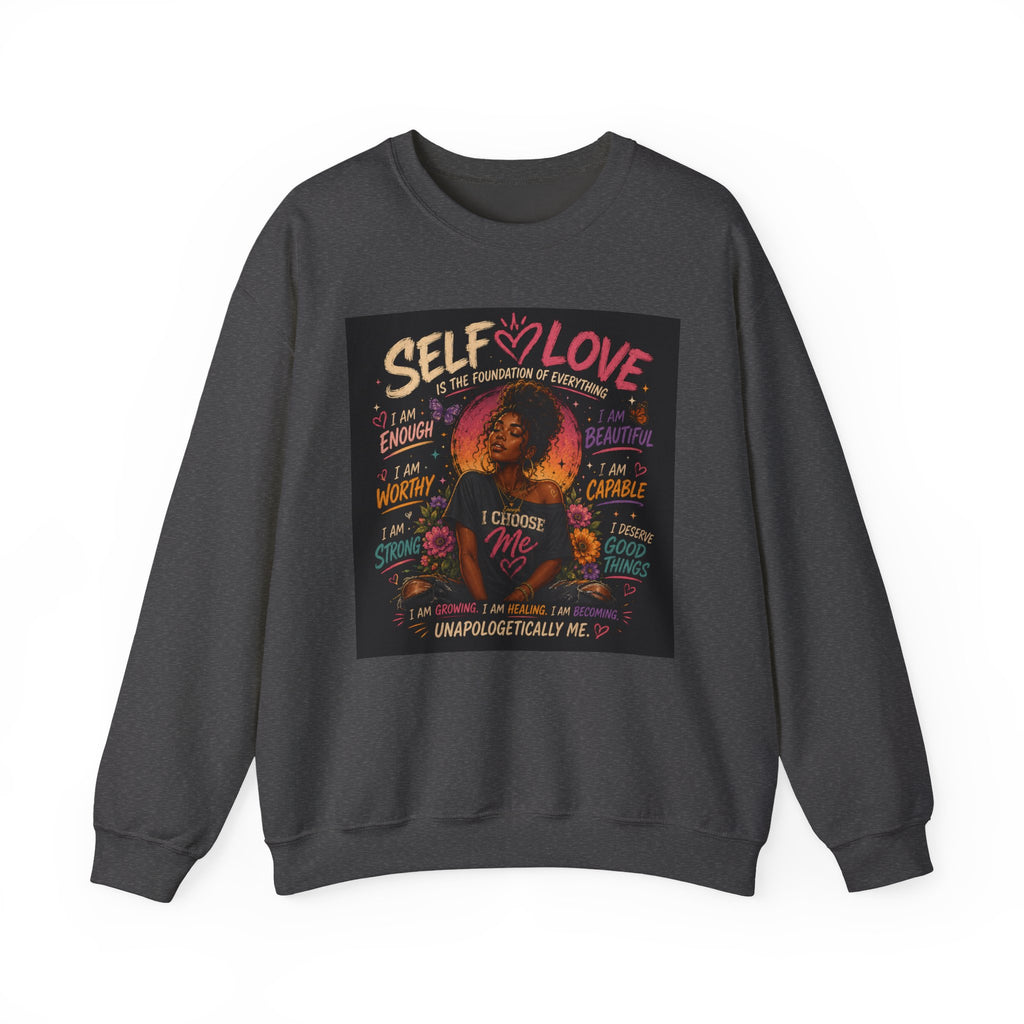 Self Love crewneck sweatshirt with empowering graphic print, soft cotton pullover by Printify featuring positive message.