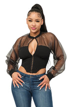 Blouse from The House of Stylez featuring front hook and eyelet closure, front keyhole, and button details.