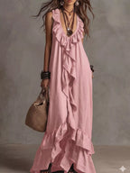 Ruffled sleeveless maxi dress from Shopimist featuring flowing fabric and a stylish ruffled neckline, perfect for summer wear.