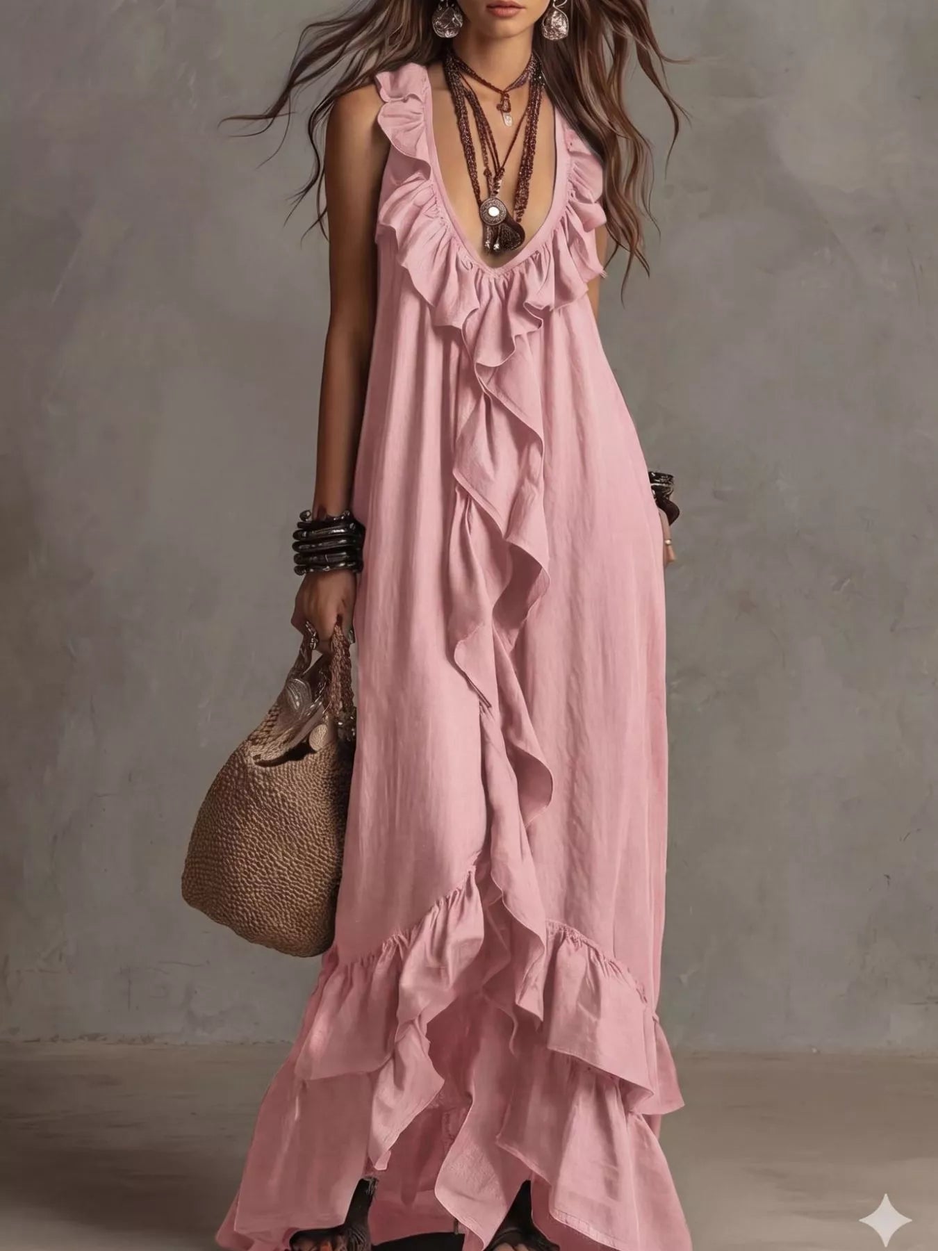 Ruffled sleeveless maxi dress from Shopimist featuring flowing fabric and a stylish ruffled neckline, perfect for summer wear.