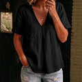 Women's pleated cotton-linen short-sleeve shirt by FitiqueFit in five colors, featuring a relaxed fit and classic design.