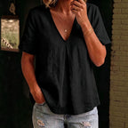 Women's pleated cotton-linen short-sleeve shirt by FitiqueFit in five colors, featuring a relaxed fit and classic design.