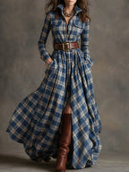 Plus size plaid print long sleeve shirt dress with pockets, casualwear by FitiqueFit, featuring a relaxed fit and button front.