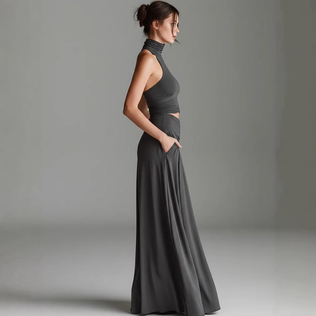 FitiqueFit women's sleeveless high-neck top and elegant long A-line dress two-piece set, stylish and perfect for formal occasions.