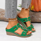 Open toe wedge sandals by Shopimist with tan straps and cork heels, perfect for casual summer wear.