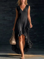 Plus size V-neck high-low dress with ruffle hem, stylish full-size trendy high-low dress for a flattering look.