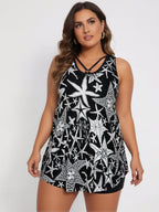 Plus size women's high-neck tankini swimwear set with bikini bottoms by FitiqueFit, featuring a stylish, supportive design for comfortable swimming.