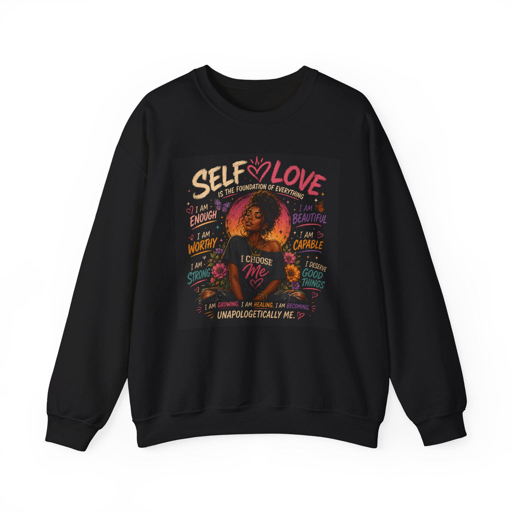 Self Love Printify crewneck sweatshirt with empowering graphic design on soft, comfortable fabric.