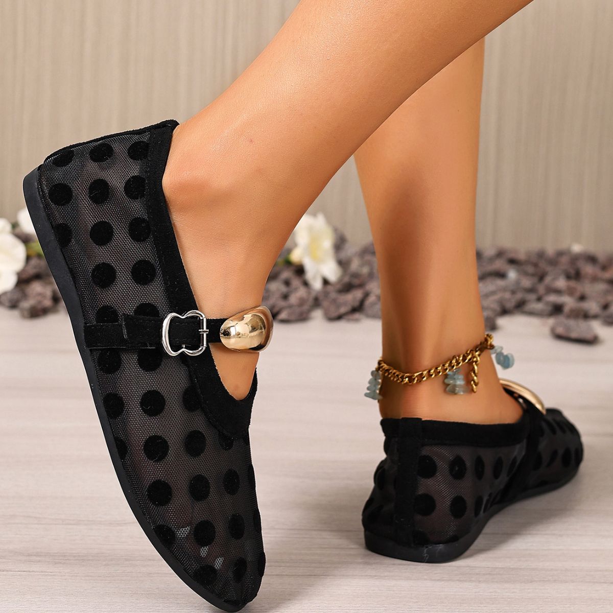 Women's polka dot mesh slip-on flats by Trendsi, lightweight casual walking shoes with breathable mesh and stylish design.