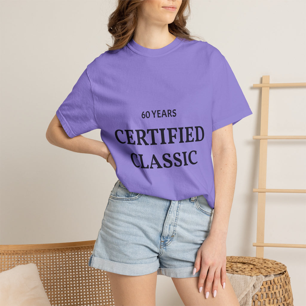 White Certified Classic 60 Years T-Shirt by Printify featuring retro graphic design on front.