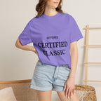 White Certified Classic 60 Years T-Shirt by Printify featuring retro graphic design on front.
