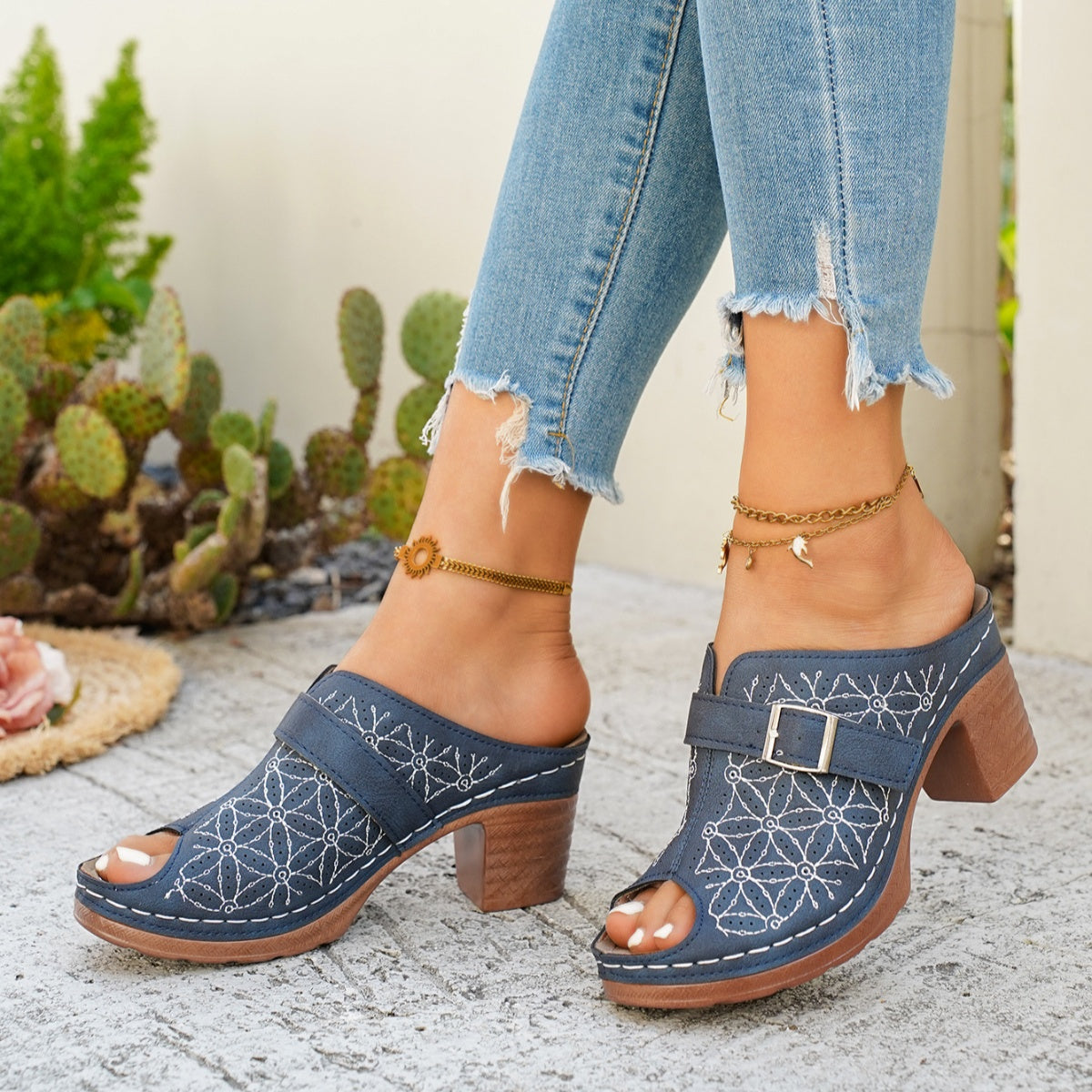 Women's chic buckle detail block heel sandals in premium faux leather, stylish shoe from Trendsi with ankle strap and trendy design.