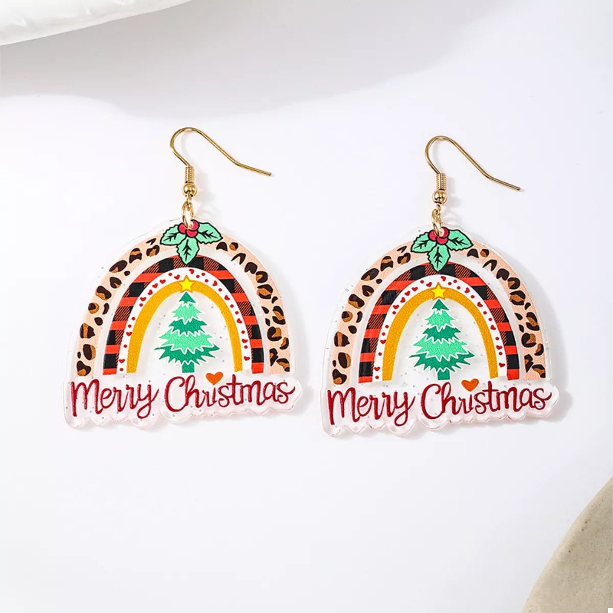 Colorful Christmas Rainbow Dangle Earrings by Plush Fashion Hub, featuring vibrant rainbow designs for festive holiday style.