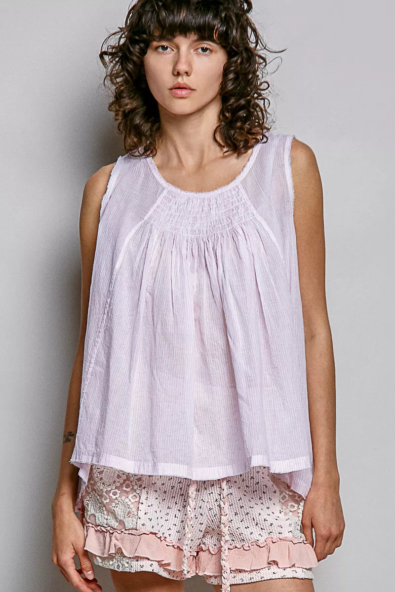 Pol Pol sleeveless striped cotton top with round neck and pleated design, from Shopimist, shown in a close-up image.