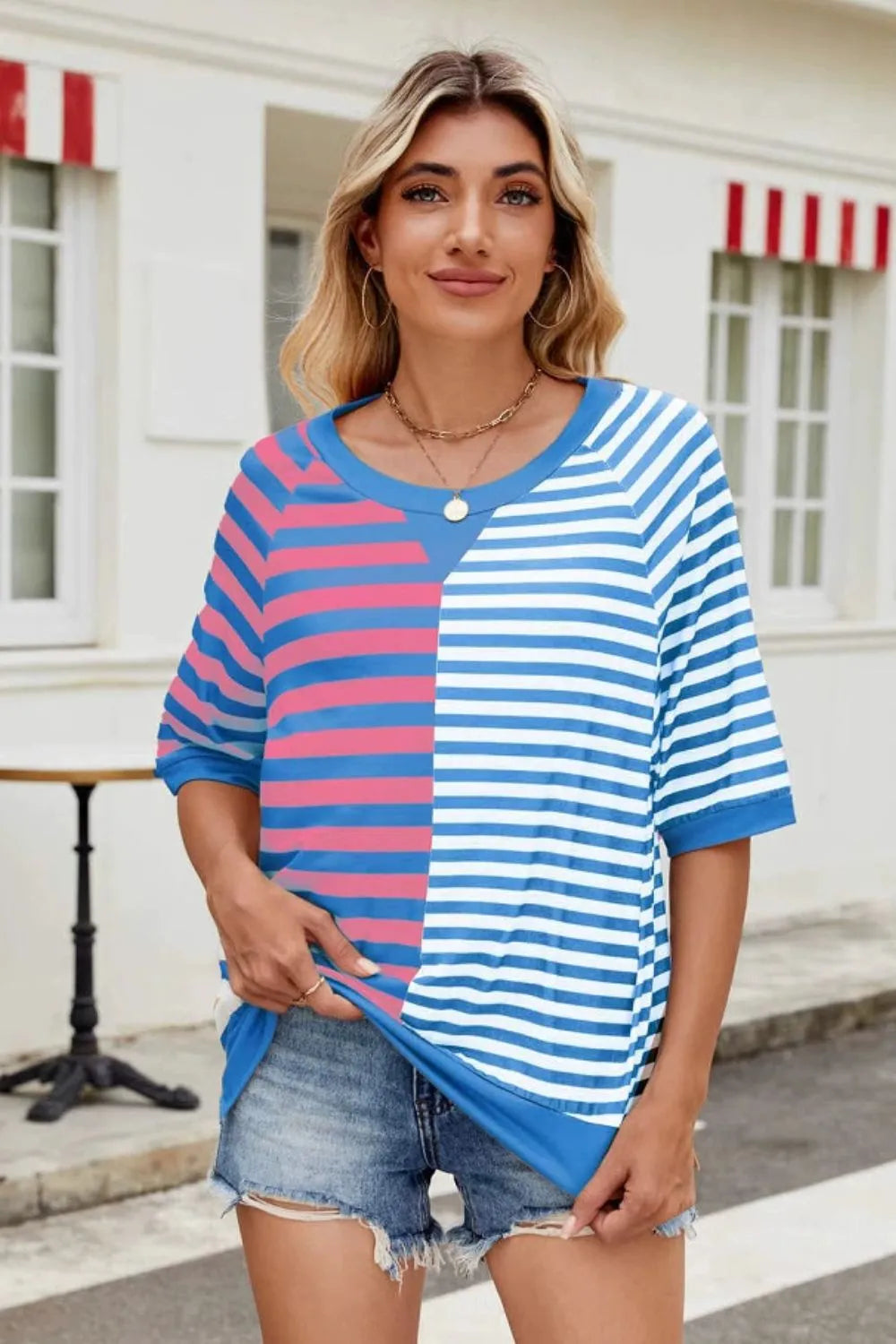 Striped round neck half sleeve T-shirt from Trendsi, casual tops with a comfortable fit and stylish striped pattern.