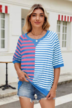 Striped round neck half sleeve T-shirt from Trendsi, casual tops with a comfortable fit and stylish striped pattern.