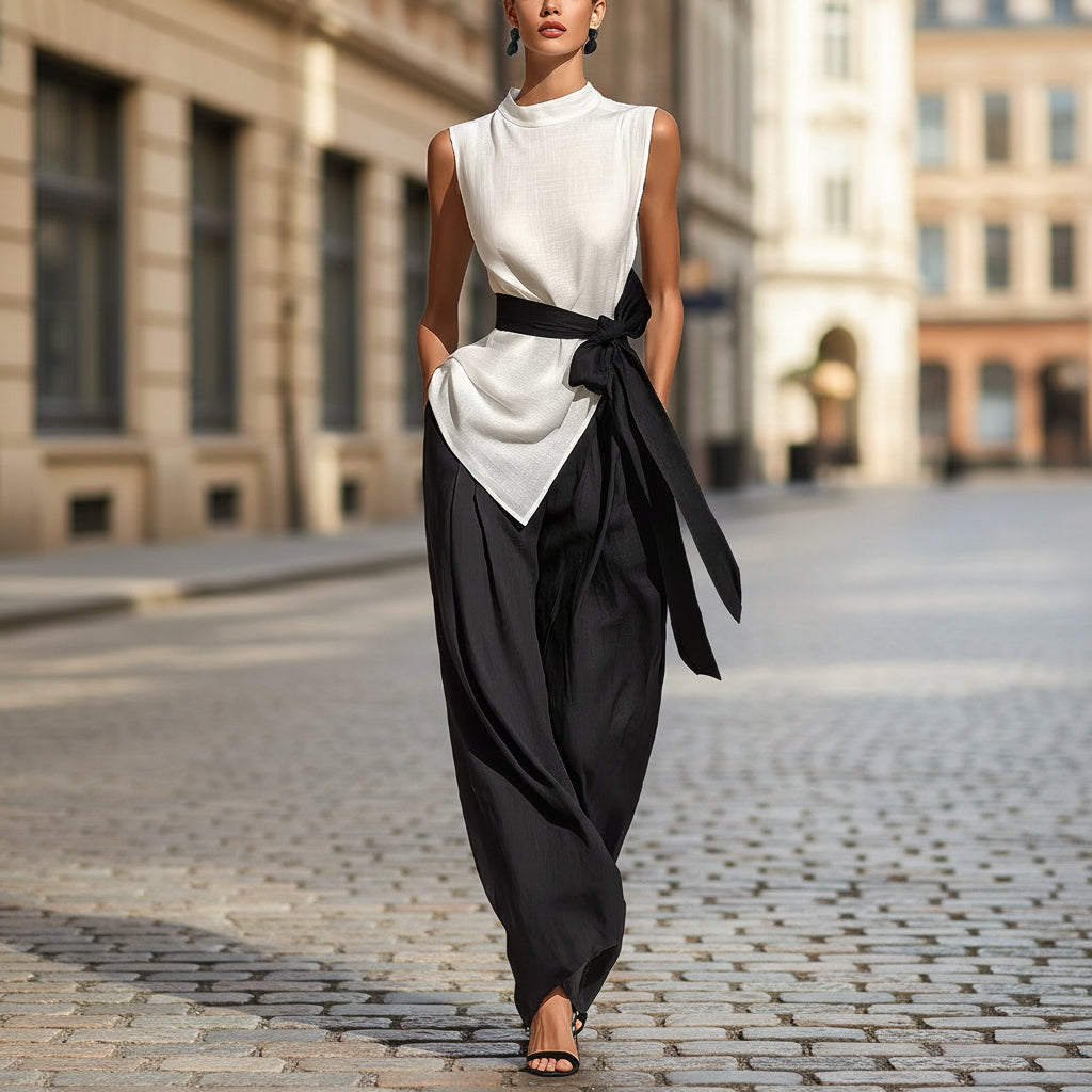 White women's lace-up sleeveless top and wide-leg pants two-piece casualwear set by Plush Fashion Hub, shown on a model.