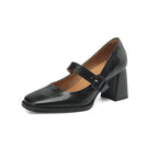 Women's sheepskin Mary Jane heels with square toe, chunky heel, and buckle detail, stylish FitiqueFit footwear.