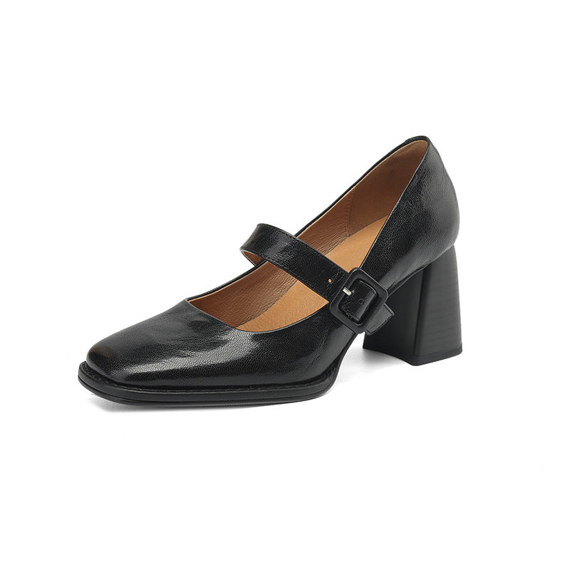Women's sheepskin Mary Jane heels with square toe, chunky heel, and buckle detail, stylish FitiqueFit footwear.