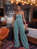 Strapless wide-leg jumpsuit with drawstring waist in black from Plush Fashion Hub, shown on a mannequin.