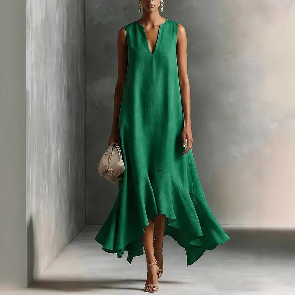 Women's deep V-neck sleeveless asymmetrical patchwork maxi dress by FitiqueFit, featuring a flowing silhouette and stylish design.