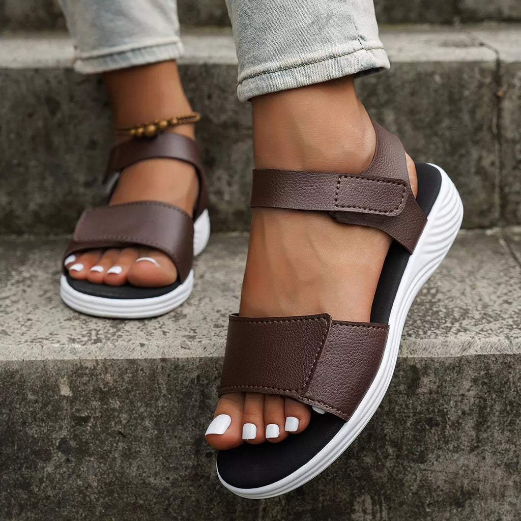Shopimist open toe flats sandals with beige straps and low block heel, perfect for casual summer wear.