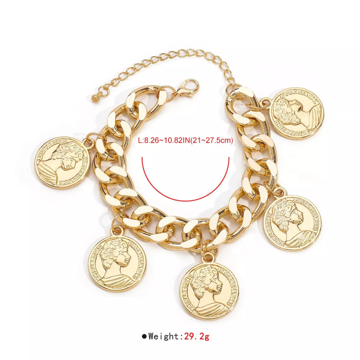 Gold-plated coin charm bracelet with adjustable chain and multiple coin charms, stylish jewelry by Shopimist