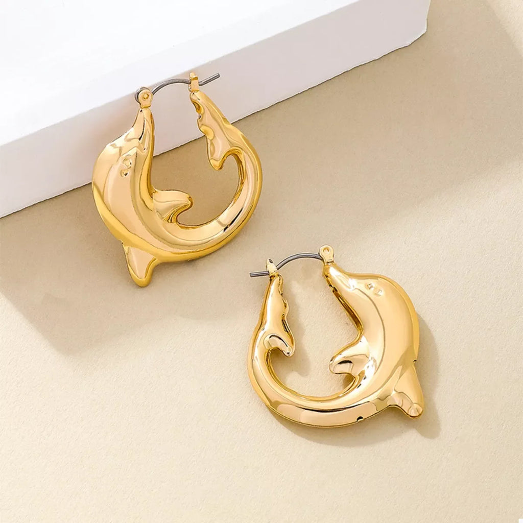 18K gold-plated dolphin hoop earrings with a sleek, polished finish, featuring detailed dolphin designs for a stylish look.