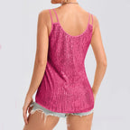 Sparkly sequin V-neck camisole with rhinestone straps by Plush Fashion Hub, casual wear top with shimmering embellishments.