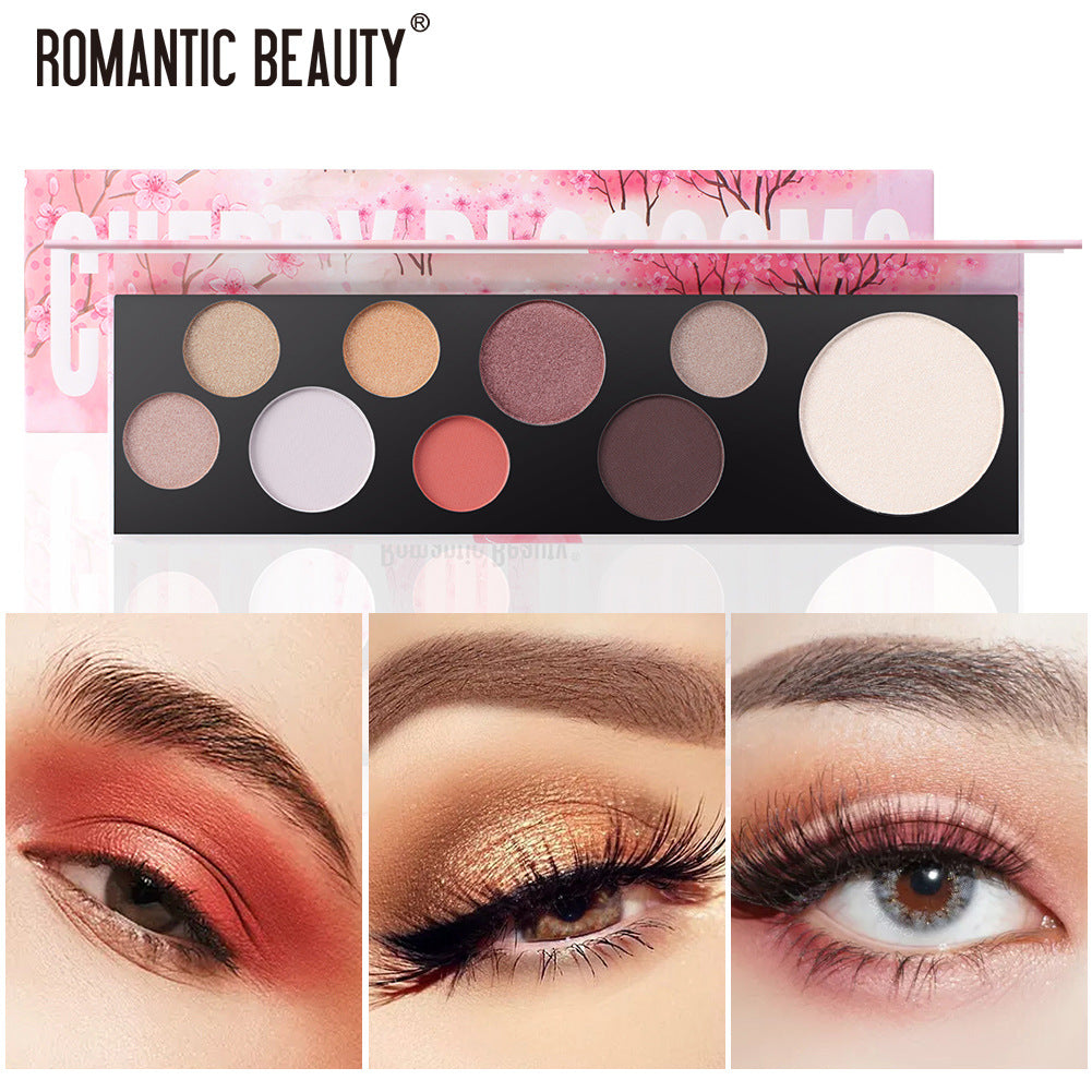 Romantic Beauty makeup palette with cherry blossom packaging, featuring 8 eyeshadows and 1 highlighter.