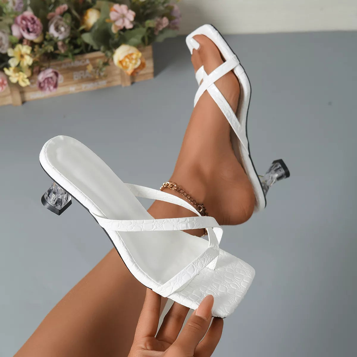 Open toe flare heel sandals by Shopimist featuring stylish design, slim ankle strap, and high stiletto heel on a neutral background.