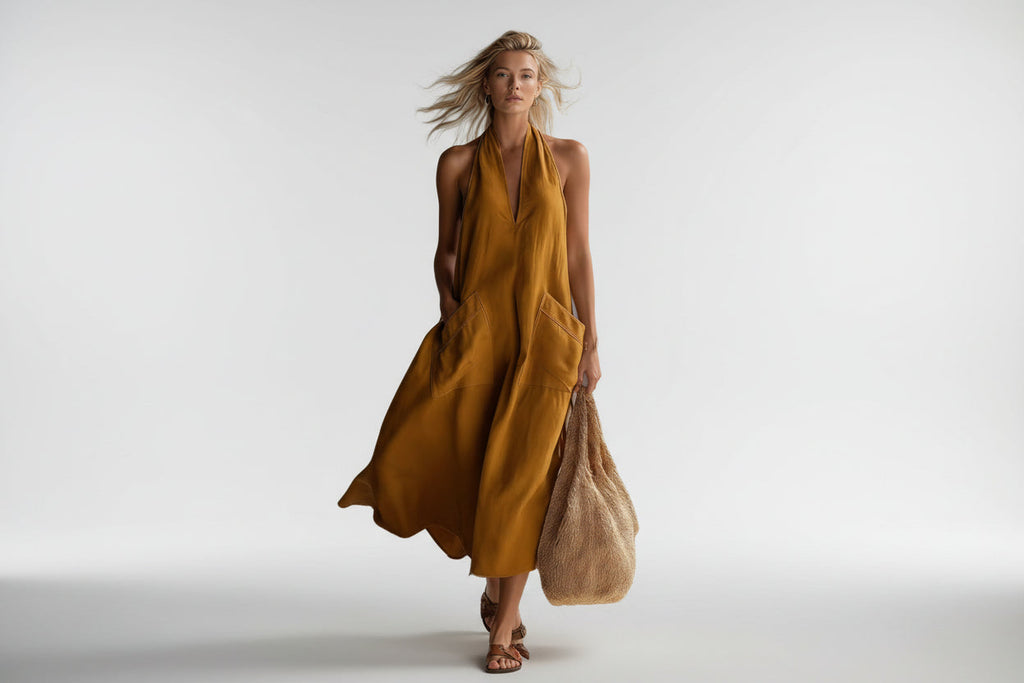 Women's retro V-neck slip dress by FitiqueFit, loose fit sleeveless casualwear displayed on a model.