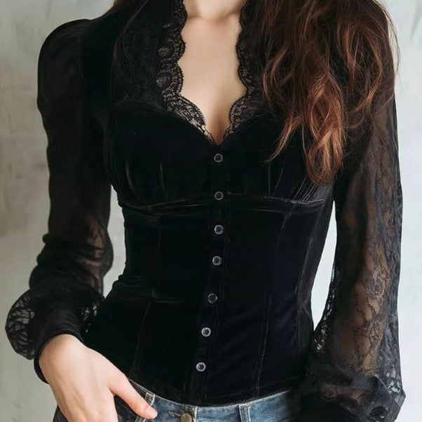 Women's black velvet and lace patchwork French-style top by Plush Fashion Hub, featuring elegant detailing and a sophisticated design.