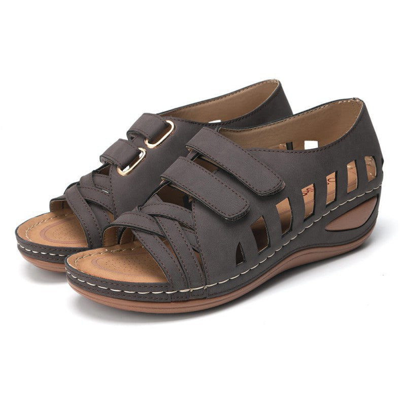 European and American large size hollow platform Velcro sandals by Plush Fashion Hub, featuring open toe design and adjustable straps.