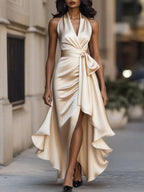 Plus size high-low satin maxi dress with ruffles by Shopimist, featuring a full-length elegant design and flowing fabric.