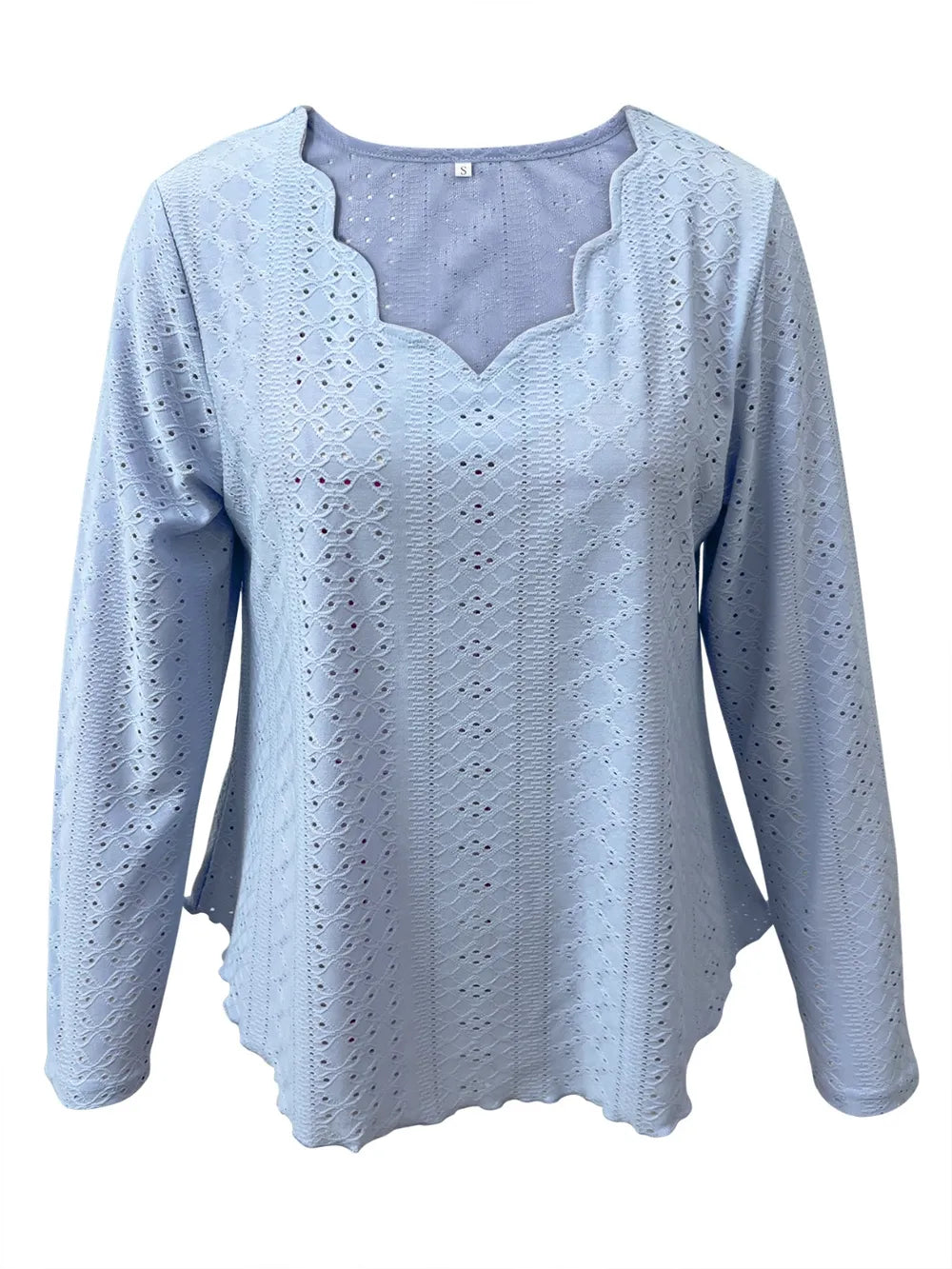 Elegant women's eyelet long sleeve blouse by Plush Fashion Hub featuring stretchy fabric, ideal for office and casual wear.