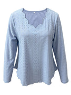 Elegant women's eyelet long sleeve blouse by Plush Fashion Hub featuring stretchy fabric, ideal for office and casual wear.