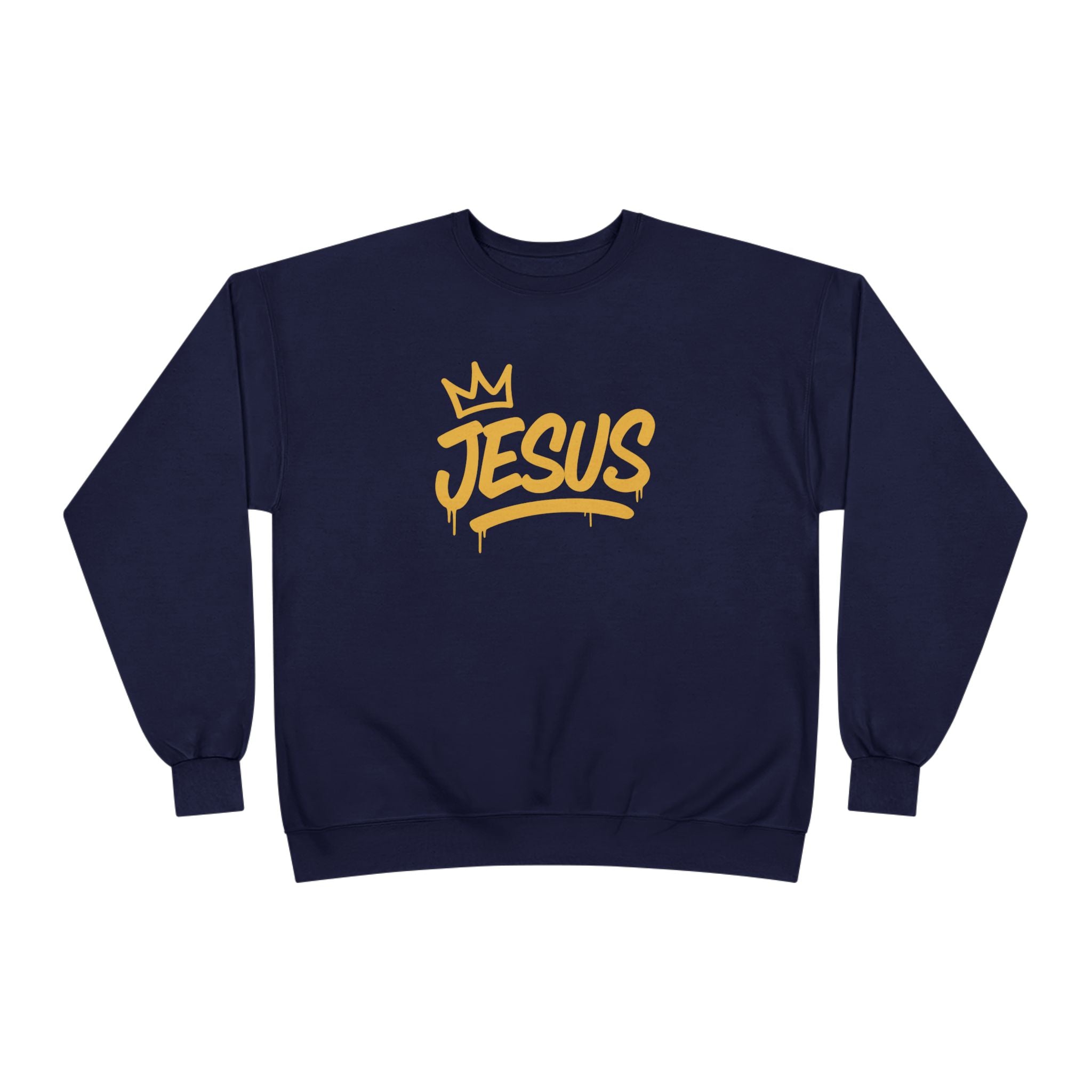 Gold script "Jesus Crown" crewneck sweatshirt by Wear Your Worship, featuring inspirational design on soft apparel.