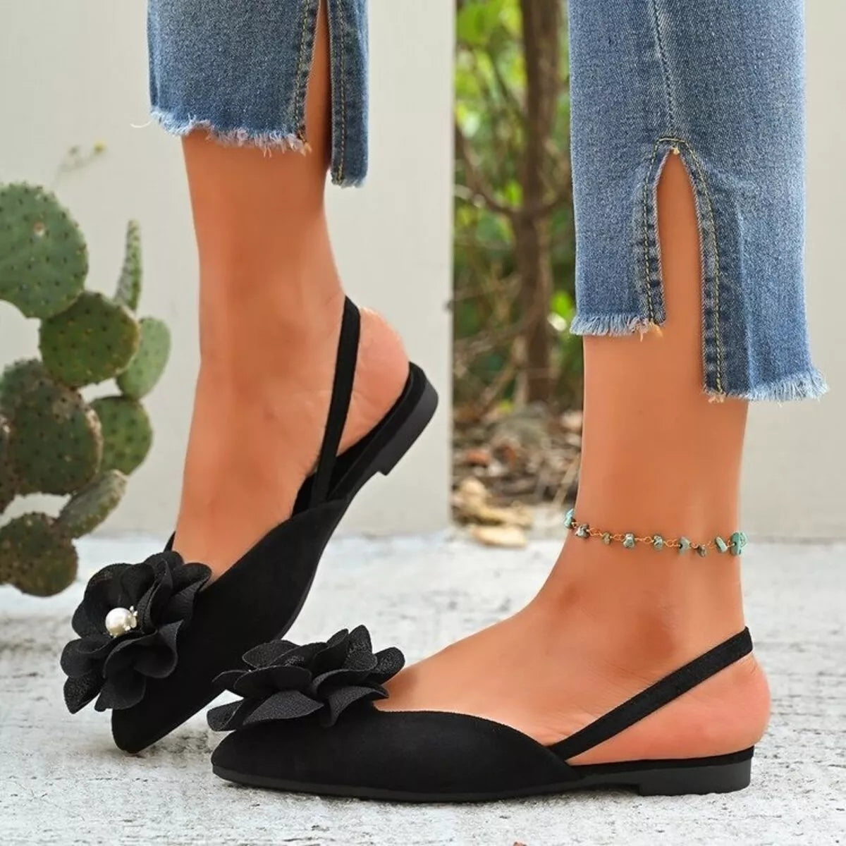 Shopimist flower point toe flats sandals with floral design, featuring a sleek pointed toe and comfortable flat sole.