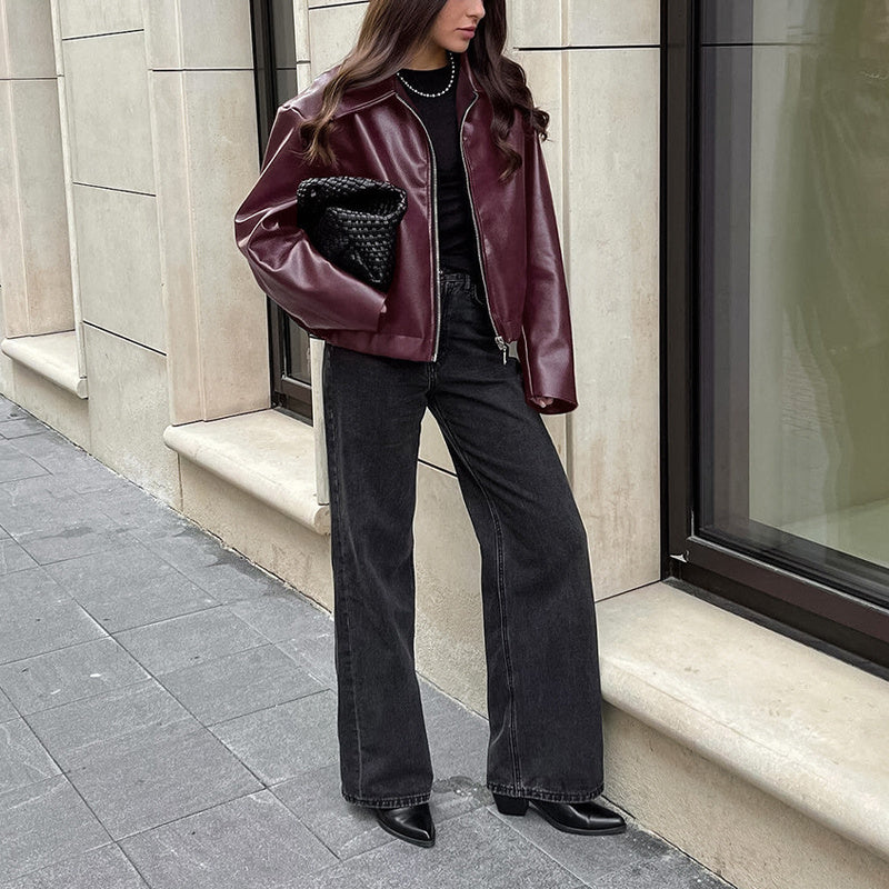 Vintage style women's faux leather jacket from Plush Fashion Hub, featuring solid color design and classic tailored fit.