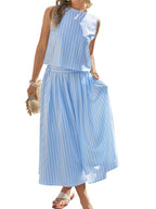 Women's striped sleeveless top and midi skirt two-piece set by Trendsi, featuring stylish matching fabric and modern design.